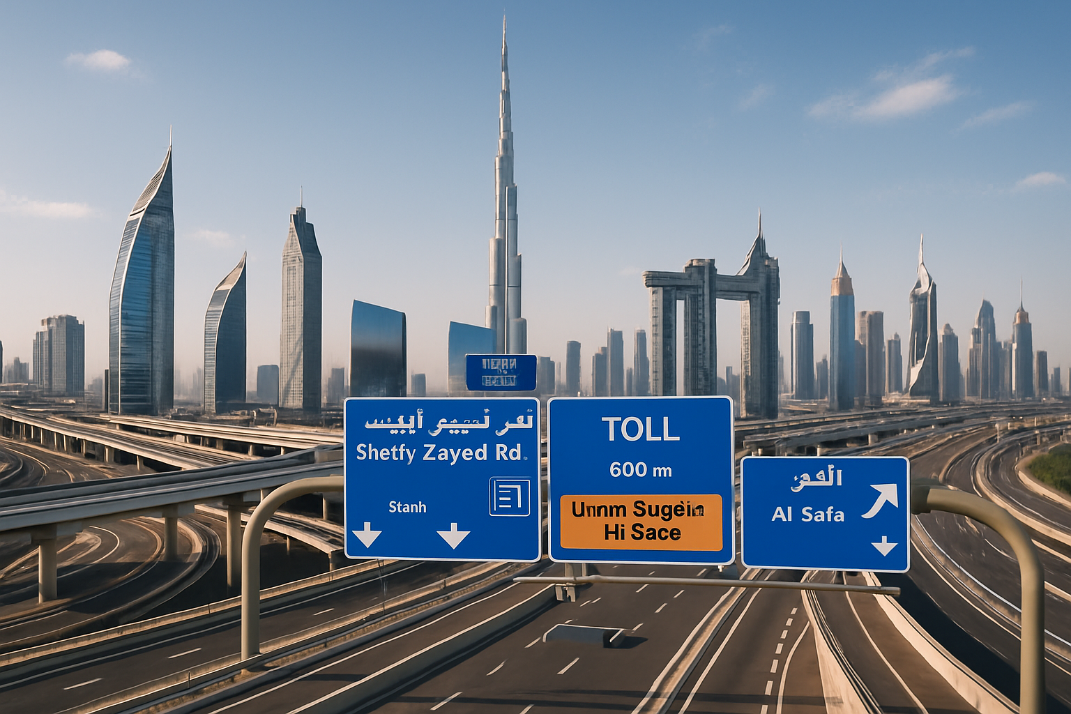 Dubai skyline with major highways and toll road signage