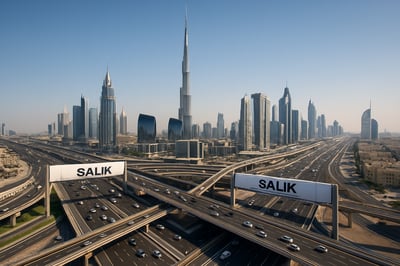 Dubai skyline with major toll roads and Salik gates