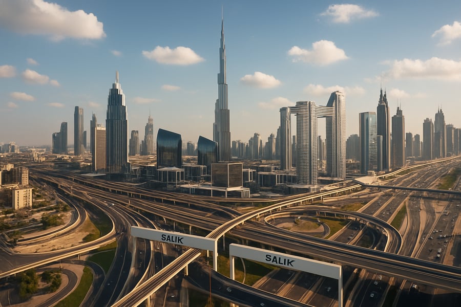 Dubai skyline with modern highways and toll gates